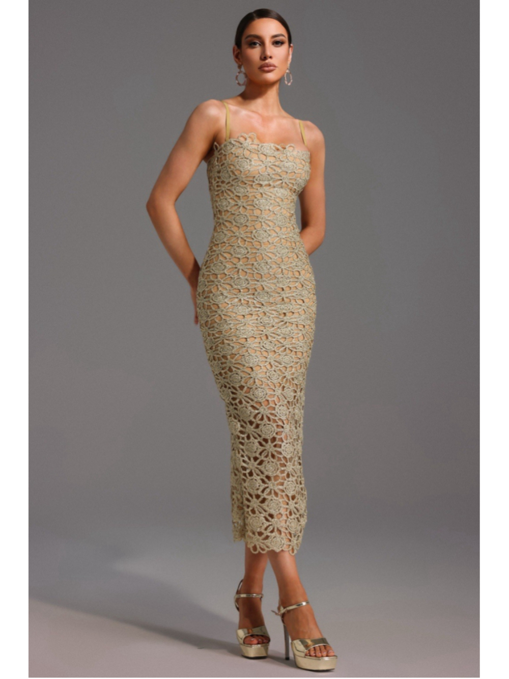 Bella Barnett Gold Lace Bodycon Midi Dress Cocktail Wedding Guest Size L NWT